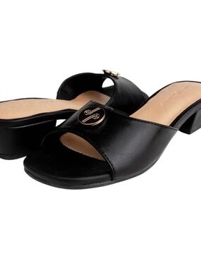 lindsay phillips Black Open-Toe Low Heel Mules with Gold Logo